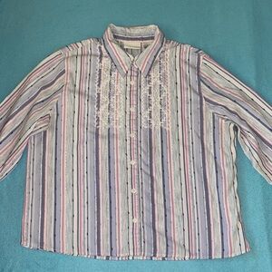 ALFRED DUNNER pearl beads embroider stripe metallic button up 3/4 sleeve size 16